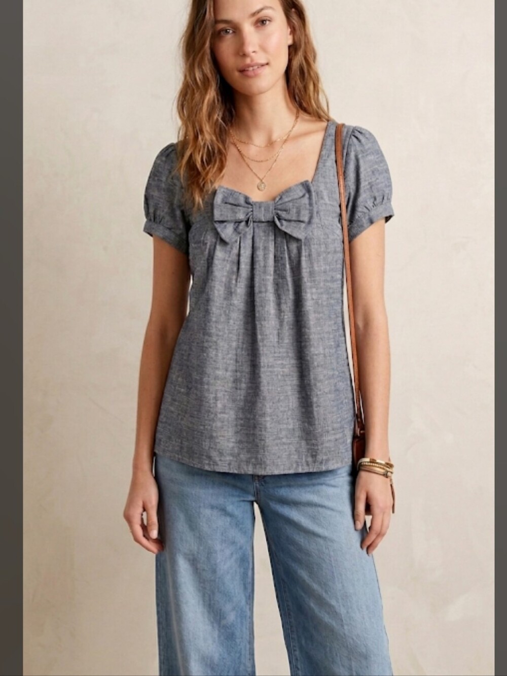 ​Anthropologie Fei Chambray Bow Front Top Size XS Blue Grey Boho
